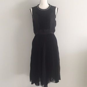 Jill Stuart Collection Black Silk Knee Length, Knife Pleated Crystal Trim Dress